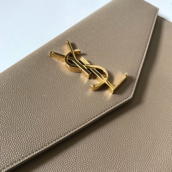 Saint Laurent YSL Uptown Bag Purse Clutch Pouch Womens Leather Beige Envelope - Picture 6 of 12